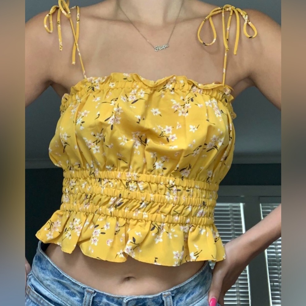 Cotton Candy Gold Smocked Tie Front Peplum Crop Top